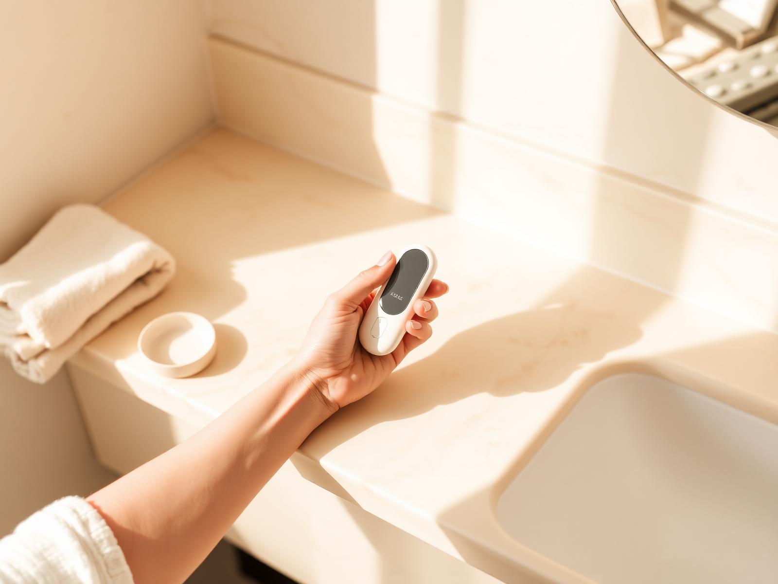 Hands holding a Norvexia device on a warm marble bathroom counter